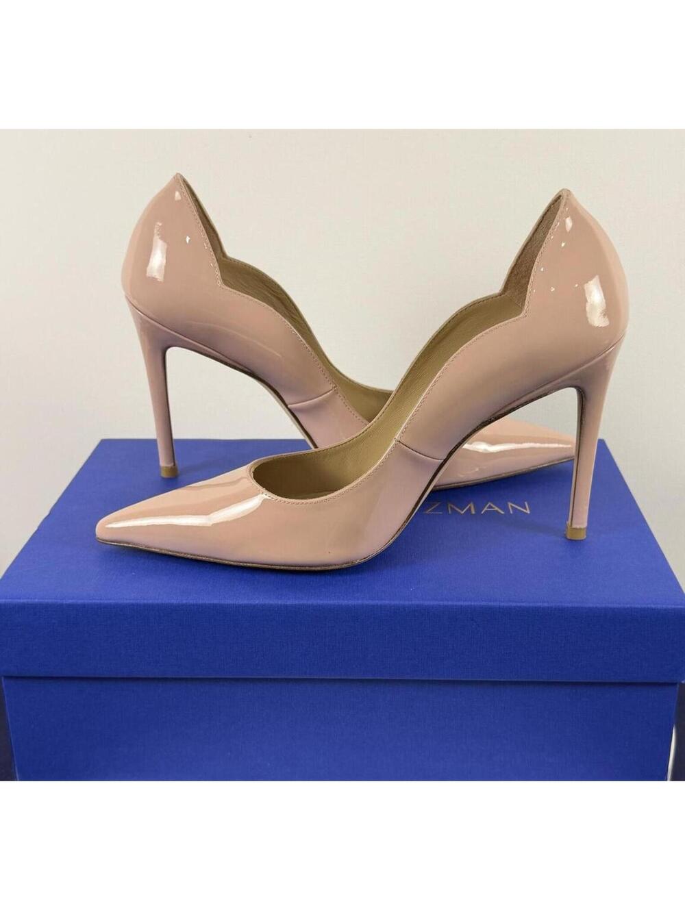 NWT! Stuart Weitzman Stuart 100 Scallop Pump Beige/Tan Patent‎ Leather 7